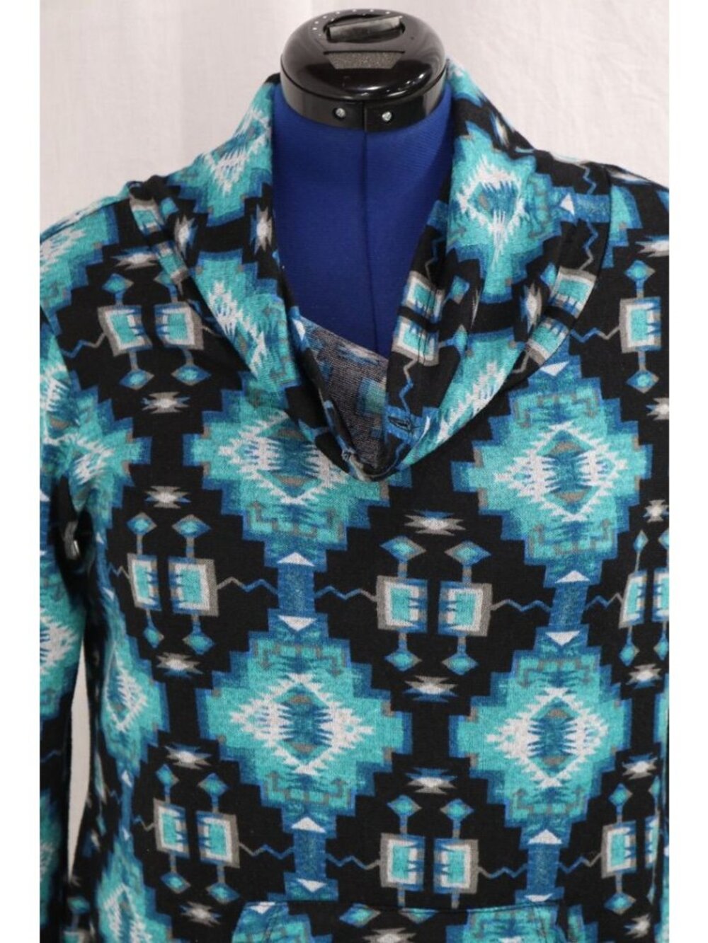 Aztec Southwestern Top Womens 1X Teal Black Cowl Neck Hoodie Kangaroo Pocket VTG - Picture 5 of 12